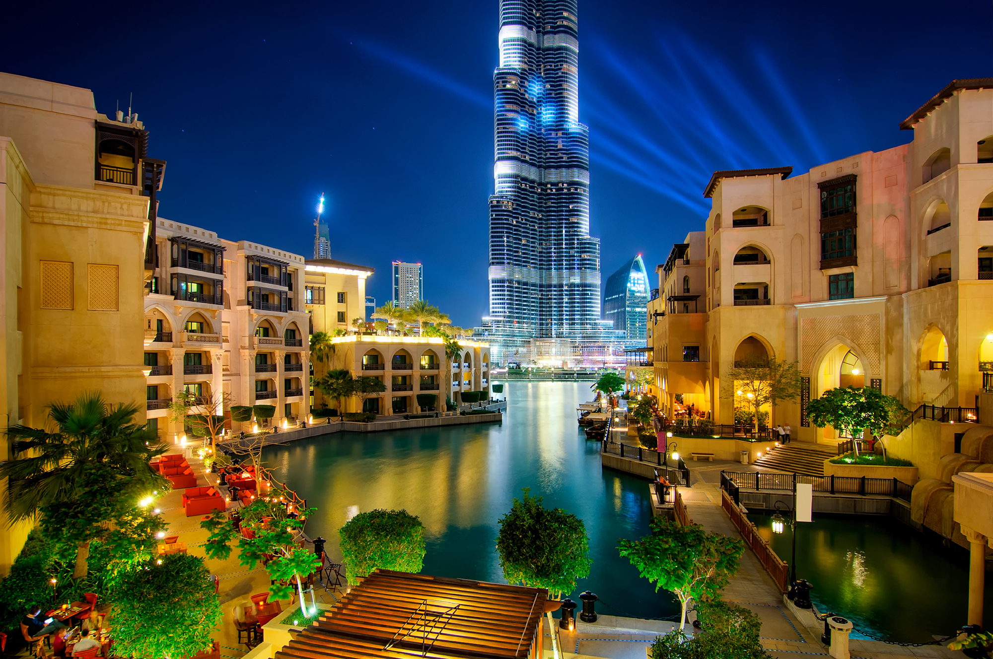 Beautiful famous downtown area in Dubai at night, Dubai, United Arab Emirates