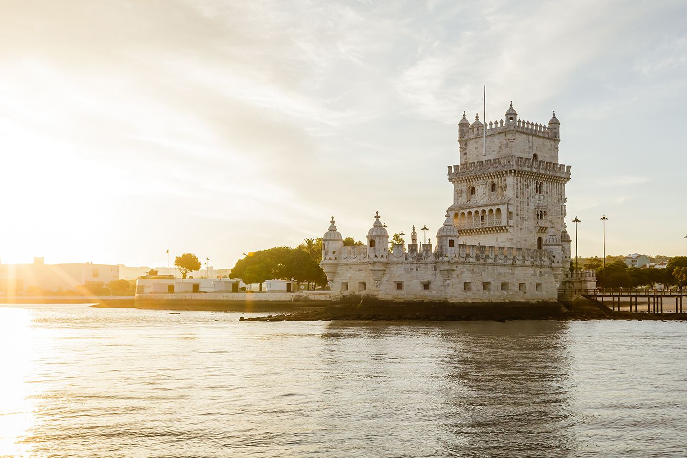 River view at sunset of Belem Tower in Lisbon, Portugal