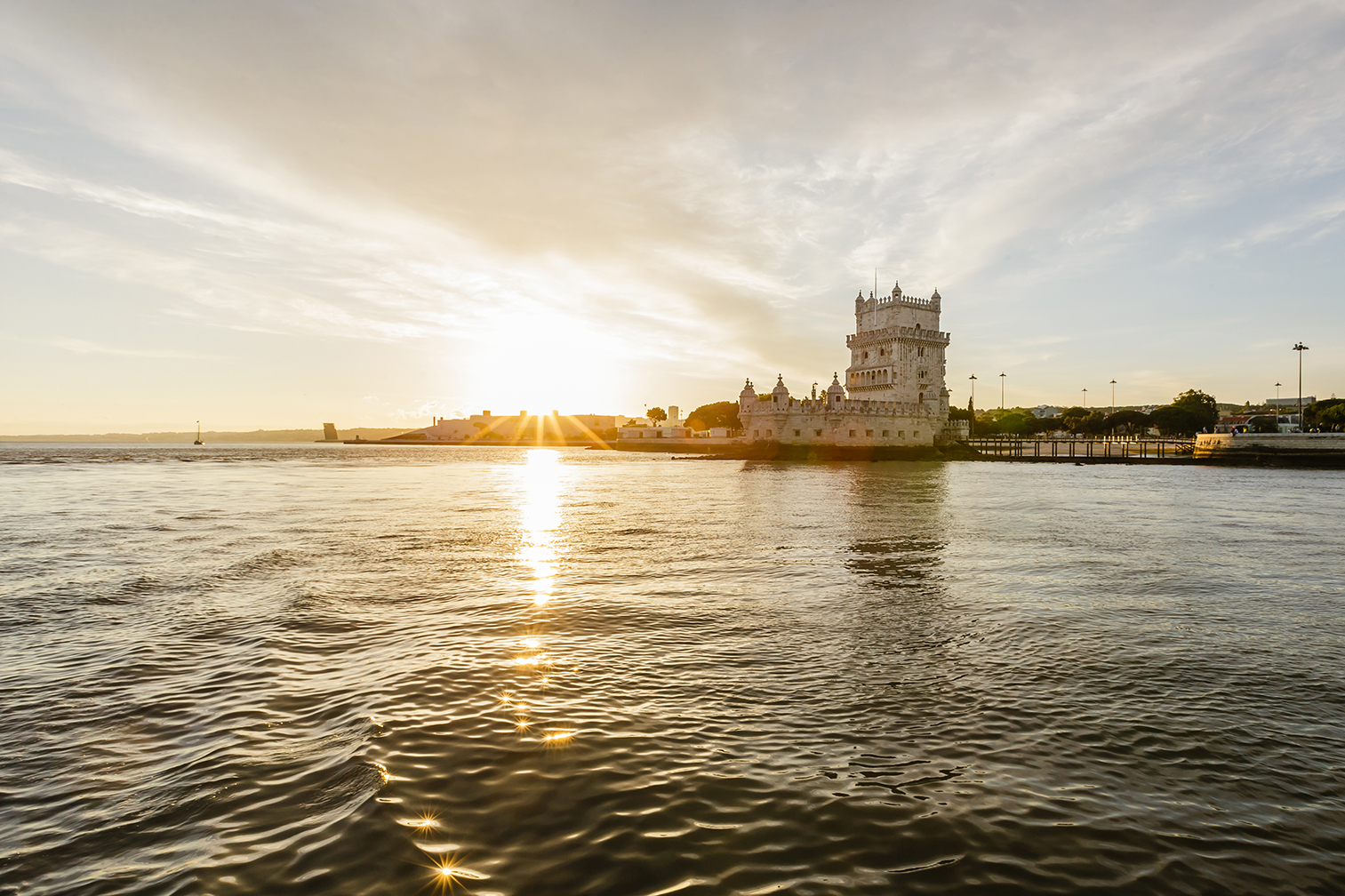 River view at sunset of Belem Tower in Lisbon, Portugal