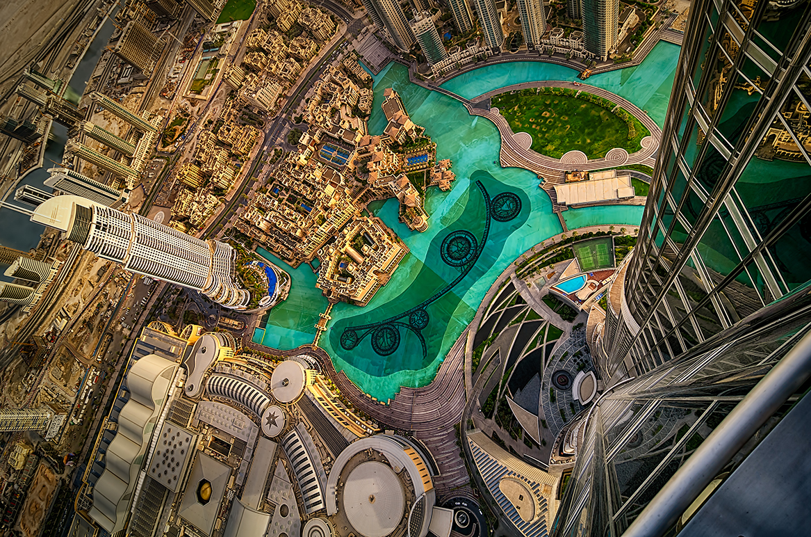 Dubai downtown aerial view by sunset, Dubai, United Arab Emirates