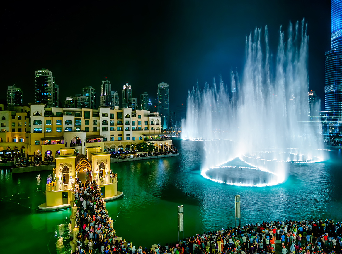 DUBAI, UAE - APR 14, 2013: Famous dubai fountain view near Burj Khalifa, Dubai, United Arab Emirates