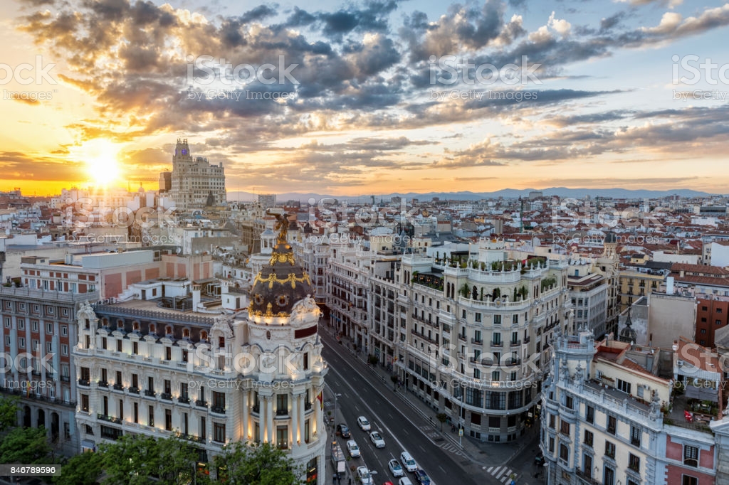 The skyline of Madrid during sunset